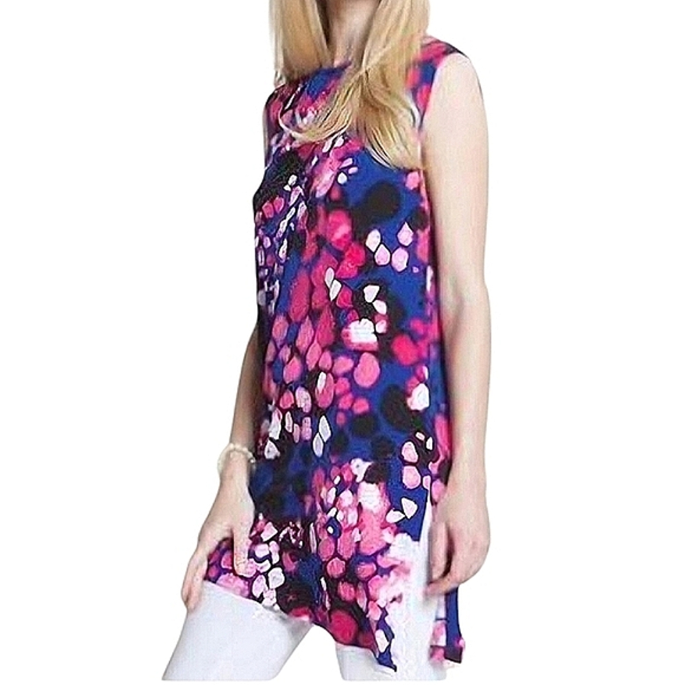 Clara SunWoo Slinky Floral Sleeveless Tunic Tank Top Asymmetrical Pink & Blue M